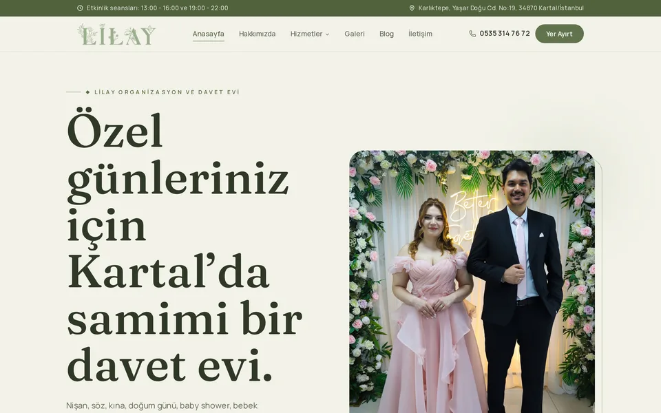 Lilay Davet Evi web sitesinin ana sayfası